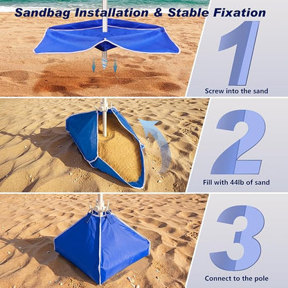 Fisqueen 8FT Large Beach Umbrella with Wind Resistance Sand Anchor Sand Bag, Portable Outdoor Umbrella with UPF50+ UV Protection, Tilt Sun Shelter for Beach, Patio, Yard