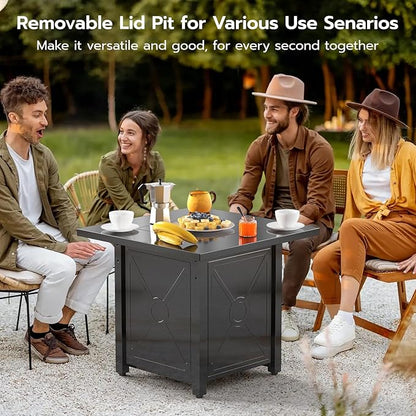 Xbeauty Propane Fire Pit Table, 28" Outdoor Gas Fire Pit Table, 40,000 BTU Auto-Ignition Fire Tables with Lid, Rain Cover and 3 Pounds Lava Stones for Outside Garden Backyard Deck Patio (Square)