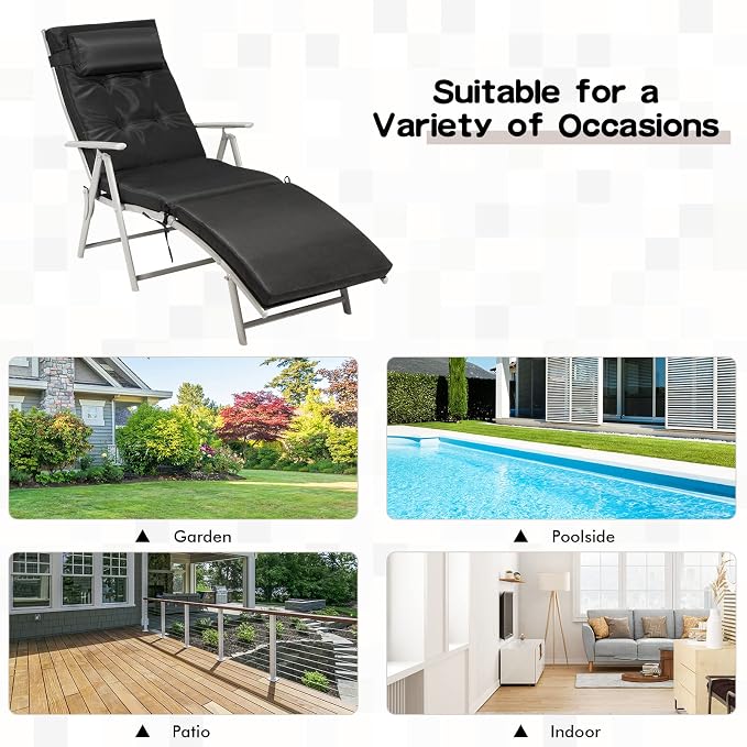 Giantex Chaise Lounge Chair for Outside, Pool Folding Reclining Beach Chair W/Removable Cushion&Headrest Pillow, Outdoor Lounge Chaise w/ 7 Backrest Positions, Portable Patio Lounger (1, Black)