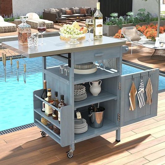 40.5" Outdoor Grill Cart with Stainless Steel Top, Solid Wood Storage Cabinet with Drop Leaf, One Drawer, Towel Rack, Rolling Kitchen Cart with Lockable Wheels for Lawn Garden