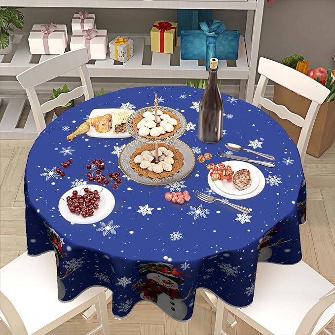 Sweetshow Xmas Snowman Blue Table Cloth Round Winter White Snowflakes Tablecloth 70 Inch Decor Washable Stain and Wrinkle Resistant Winter Round Table Cover for Dining Picnic