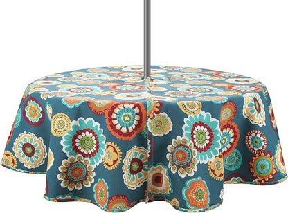 Magpie Fabrics 60" Round Tablecloth with Umbrella Hole and Zipper, Washable Waterproof Wrinkle Free Zippered Patio Table Cloths Table Covers for Spring, Party, Backyard, Picnic, BBQS (Floral Green)