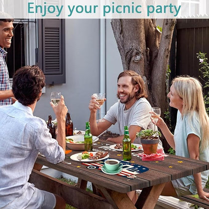 Wooden American Flag RV Picnic Table Cover with Bench Covers 6FT 3PCS, Camping Essentials, Fitted Camping Tablecloth Waterproof Oilproof with Elastic Edge for Indoor Outdoor Garden, 30x96 Inch