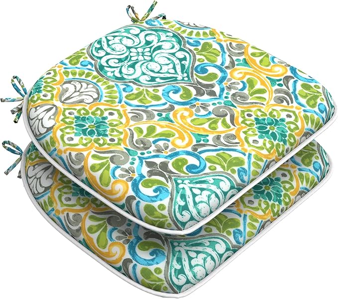 DYTXIII Set of 2 Outdoor Chair Cushions with Ties,Water Repellent Patio Chair Pads 17"x 16" for Outdoor Furniture,Round Corner Seat Cushions for Garden Yard Kitchen Damask Green