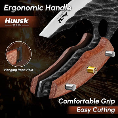 Huusk Japan Ulu Knife with Sheath - Christmas Gift for Men and Women - Hand Forged Caveman Ultimo Knife with Full Tang Wooden Handle - BBQ Knives for Vegetables, Fruit, Pizza - Gifts for Men and Women