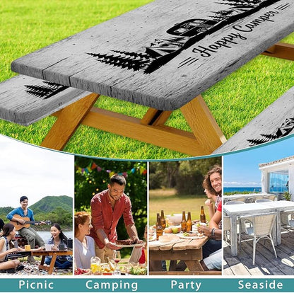 Picnic Table Cover with Bench Covers and Drawstring Bag, Camping Essentials, Happy Camper Camping Tablecloth, Waterproof Windproof Elastic Edges Fitted Rectangle Tables, 3PCS, 30x60 Inch