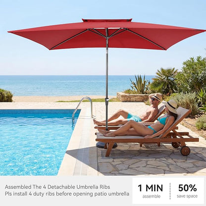 6.6 x 10 ft Rectangular Patio Umbrella, Outdoor Market Table Umbrella with Push Button Tilt and Crank, Double-Tier Vent, 6 Ribs, Rectangle Patio Umbrella for Backyard, Deck, Pool, Fits 4–6 Chairs and Tables (Wine Red)
