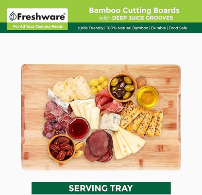 Freshware Freshware Bamboo Cutting Boards for Kitchen with Juice Groove [Set of 2] Wood Cutting Board for Chopping Meat, Vegetables, Fruits, Cheese, Knife Friendly Serving Tray with Handles