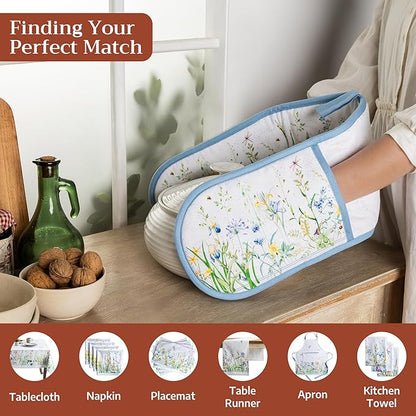 Maison d' Hermine Double Oven Mitts 100% Cotton 7"x35" Double Oven Mitt Heat Resistant BBQ Cooking Gloves with Loop Baking Grilling Kitchen Hotel Home Farmhouse Spring Summer (Fleurs De Mai)