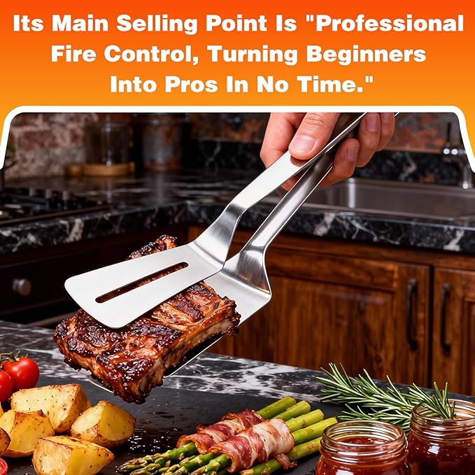 Stainless Steel Grill Clamp, 2PCS Grill Clamp Spatula, Anti-Scald Extended Handle Spatula Tong, 2026 New Multi-Functional Stainless Steel Barbecue Clamp Food for Flipping Steak Fish Bread BBQ