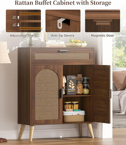 Keehusux Rattan Storage Cabinet with Drawer and 2 Doors, Walnut | Accent Sideboard Buffet Cabinet with Adjustable Shelf & Solid Wood Feets, Coffee Bar for Kitchen, Living Room, Entryway