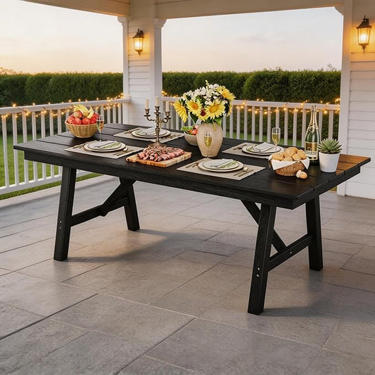 Outdoor Dining Table 6 Person, Rectangle HDPE Patio Table with 2.1" Umbrella Hole, Triangular Legs, Weatherproof Heavy Duty Backyard Furniture for Garden, Deck, Poolside, Easy Assembly (Balck)