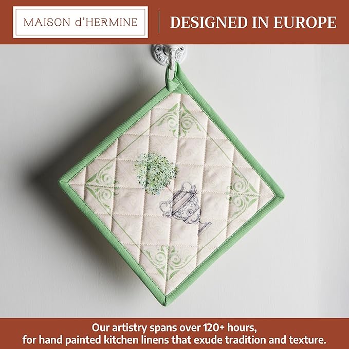 Maison d' Hermine Pot Holders 100% Cotton Heat Resistant Potholders 8" x 8" Hot Pads with Loop BBQ Cooking Baking Hotel Farmhouse Kitchen Handling Hot Pans Spring Summer (Pack of 1, Jardin Du Roy)