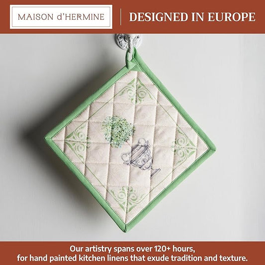 Maison d' Hermine Pot Holders 100% Cotton Heat Resistant Potholders 8" x 8" Hot Pads with Loop BBQ Cooking Baking Hotel Farmhouse Kitchen Handling Hot Pans Spring Summer (Pack of 1, Jardin Du Roy)