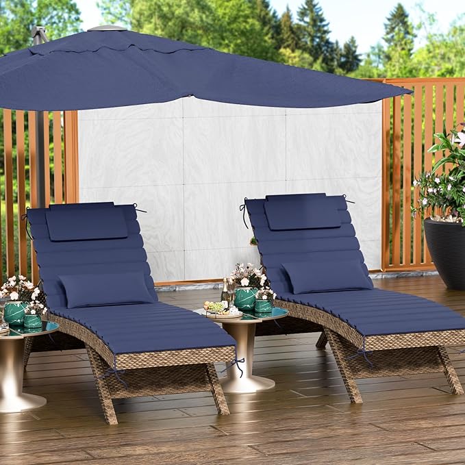 2PCS Outdoor Water-Resistant Olefin Chaise Lounge Cushions with Pillow, Weather and Fade Resistant Foldable Quilted Patio Reclining Lounger Chair Cushions with Straps, Dark Blue, 81"L x 27"W