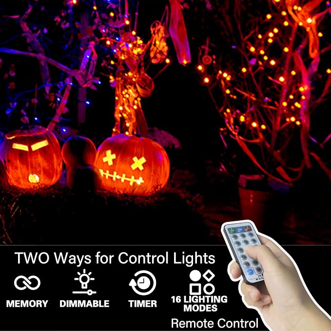 66ft Halloween Decorative Mini Lights, 200 LED Green Wire Fairy Starry String Lights Plug in, 16 Lighting Modes, for Halloween Decoration Outdoor Party Decoration (Orange and Purple)