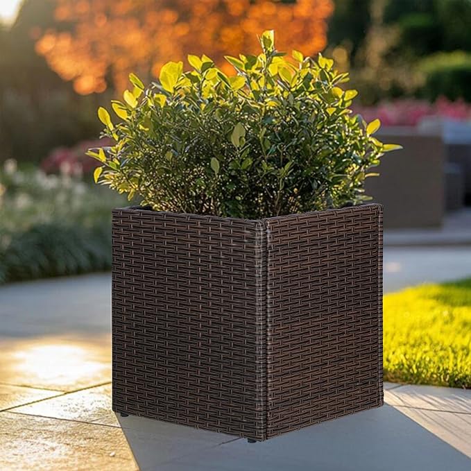 SUNNYPARK Gray Square Planter Box Rattan for Outdoors 17x17x18inch | All-Weather, Handmade PE Rattan, Removable Liner, Indoor Outdoor, Patio Porch Garden, Modern Design for Plants Flowers