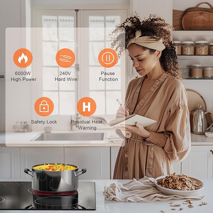 24 Inch Electric Cooktop Built in Electrics Stove Top, 4 Burner Electric Stove, Touch Control, 6000W, 9 Power Levels, Safety Lock, Timer, Pause Function, 240V Hard Wire(No Plug)