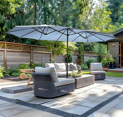 15ft Patio Umbrella with Base, 10-Year-No-Fade Large Outdoor Double-Sided Market Umbrella with UPF50+Terylene Polyester Fabric and Crank for Poolside Garden Deck Backyard Beach Pools