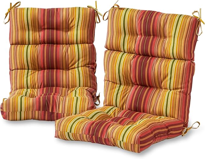 Outdoor Tufted High-Back Chair Cushions, One-Piece Hinged Seat and Back Design, Reversible with 4 Ties, Durable Polyester Fabric, Recycled Fiber Fill - Set of 2, Kinnabari Stripe