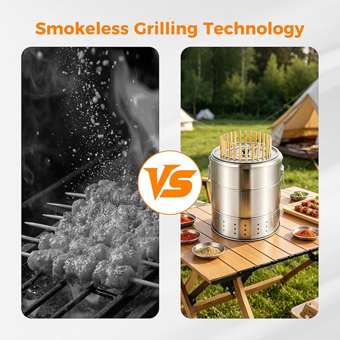 Smokeless Barbecue Charcoal Barrel Grill, 360° All Surround Charcoal kebab Grill with 28 Skewers, Stainless Steel Portable BBQ for Picnics, Camping, Travel, Parties, Beaches