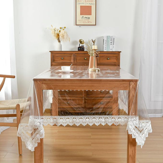 JIUZHEN Clear Vinyl Tablecloth Protector, Waterproof/Oil-Proof, Transparent Rectangle Vinyl Table Cloth, Wipe Clean, Plastic Table Cover with Lace Edge for Dining, Outdoor, 54"x120"