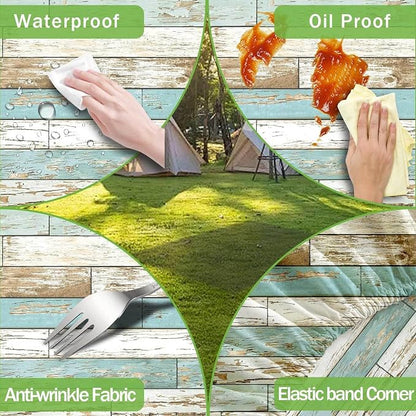 JAWO Teal Rustic Wooden Picnic Table Cover with Bench Covers, Modern Camping RV Essentials Gear Supplies Outdoor Waterproof Windproof Tablecloth with Elastic, 30X96in