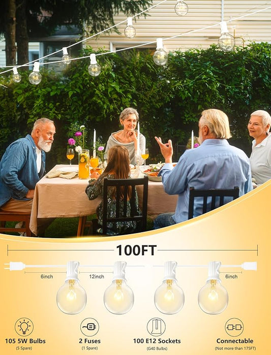 SUNSGNE 100Ft Patio String Lights, G40 Outdoor String Lights with 105 Clear Globe Edison Bulbs(5 Spare), 5 Watt Globe Bulb String Light for Indoor Outdoor Commercial Decor, White Wire