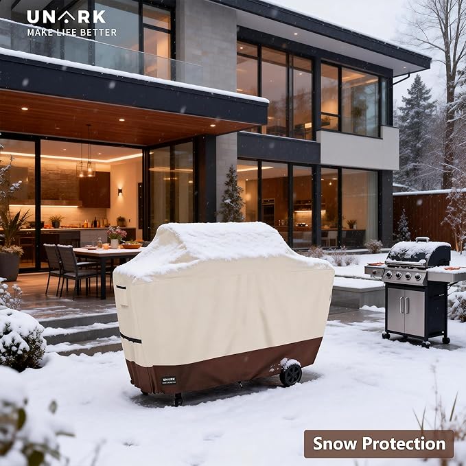 58 inch Grill Cover for Outdoor Grill, Gas Grill Covers Heavy Duty Waterproof Suitable for Weber Genesis 2, All Weather Protection BBQ Cover 58" L x 24" W x 46" H Beige and Brown