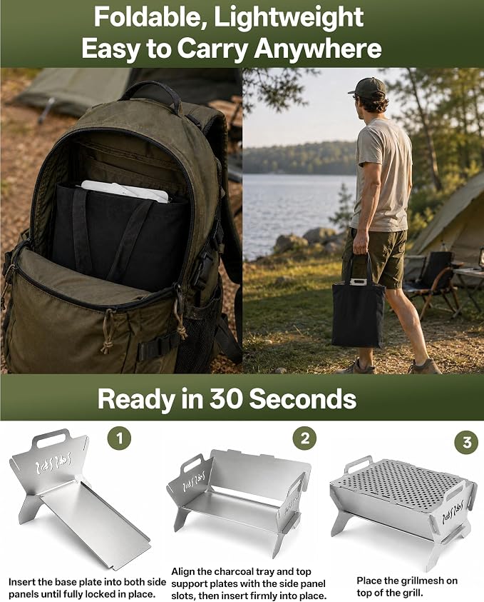 Charmline Portable Fire Pit with 2 Cooking Grates, Small Charcoal Grill | Grill & Fire Pit Combo, Tool-Free Setup, Open and Perforated Grates, Polished Edges, Snap-Lock Structure, Saving Space