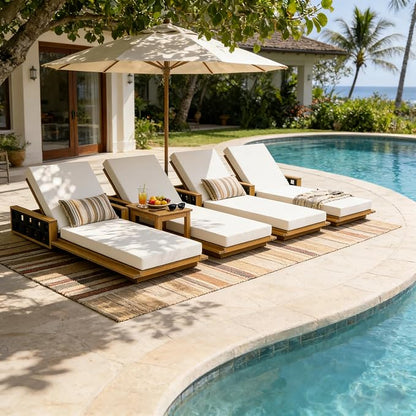 Merax Outdoor Chaise Lounge Set of 4, Acacia Wood Patio Reclining Chairs with 4-Position Adjustable Backrest, 4-Piece Sunbathing Recliner & 4" Thick Double-fold Cushion for Poolside, Garden, Beige