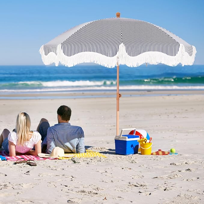 7ft Patio Beach Umbrella with Fringe, Outdoor Umbrella for Poolside, Stripe | MFSTUDIO Tassel Umbrellas UPF50+ with Sand Anchor & Tilt Button, Holiday Outdoor Umbrella with Carry Bag, Ideal for Garden