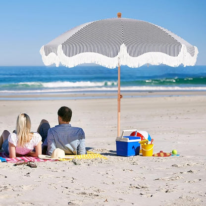 7ft Patio Beach Umbrella with Fringe, Outdoor Umbrella for Poolside, Stripe | MFSTUDIO Tassel Umbrellas UPF50+ with Sand Anchor & Tilt Button, Holiday Outdoor Umbrella with Carry Bag, Ideal for Garden