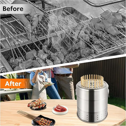 Portable Barbecue Charcoal Barrel Grill, Stainless Steel Surround Charcoal kebab Grill with 28 Skewers Grilling Accessories Set, for Travel Camping Picnic Patio Backyard - Diameter 15.4 inch