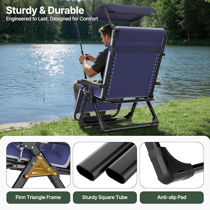 Suteck Zero Gravity Chair with Canopy,33In XXL Oversized Lounge Chairs | w/Removable Cushion&Headrest, Upgraded Lock and Footrest, Folding Reclining Patio Chairs Recliner for Indoor Outdoor