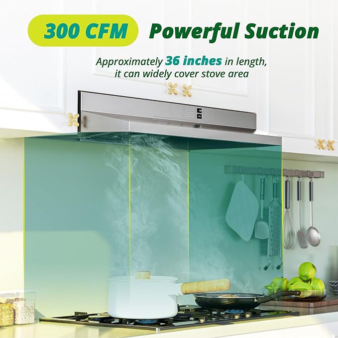 FIREGAS Range Hood 36 inch Under Cabinet, Ducted/Ductless Convertible Kitchen Hood, Stainless Steel Stove Vent Hood with LED Light, 2 Speed Exhaust Fan, Silver