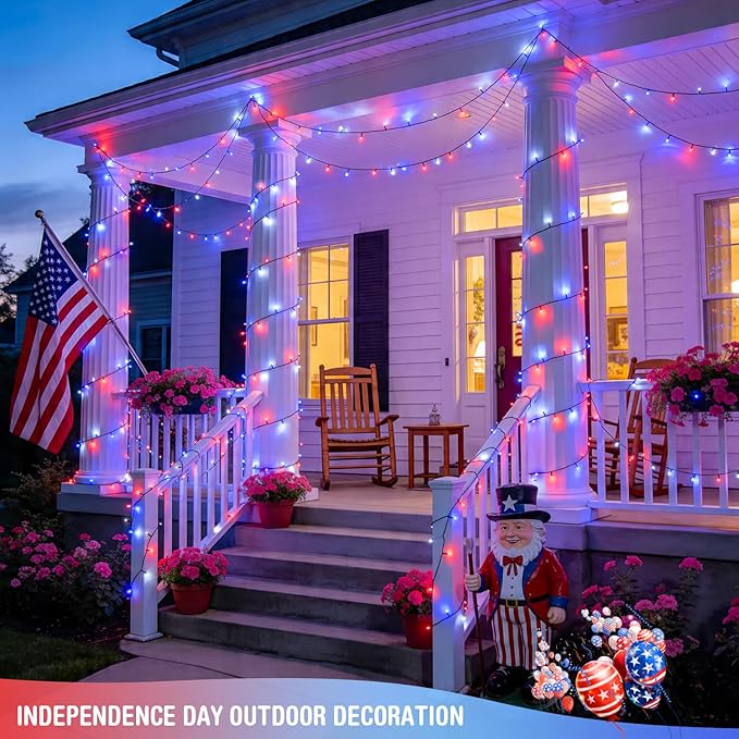 4 Pack Red White and Blue Lights, 50 LEDs 16.5ft 4th of July Lights Battery Operated, Green Wire Battery Powered Twinkle Lights for Tree Wreath Christmas Independence Day Decorations