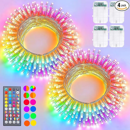 Pooqla 4 Pack Color Changing String Lights Battery Operated, Total 66.6ft 200 LED 34 Colors Battery Christmas Lights with Remote Indoor Outdoor Decorations Bedroom Classroom Porch Party Yard Decor