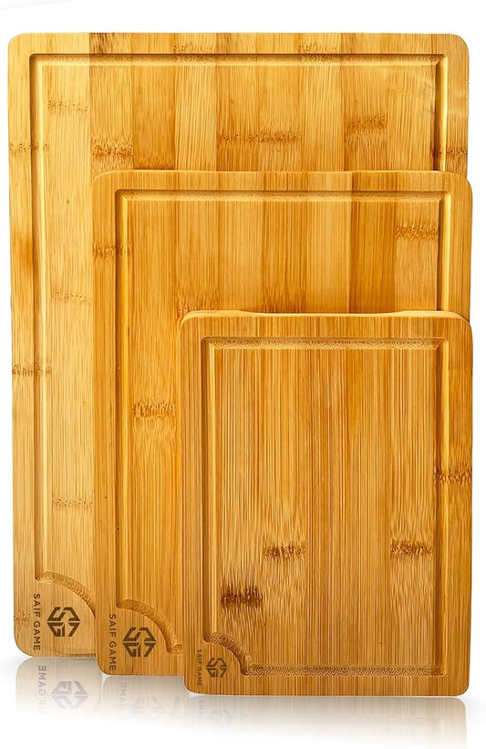 Bamboo Cutting Board Set of 3 – Non-Toxic, Eco-Friendly Bread & Meat Kitchen cutting Boards with Deep Juice Groove & Non-Slip Feet (9x5.9, 12x7.87, 14.96x10)