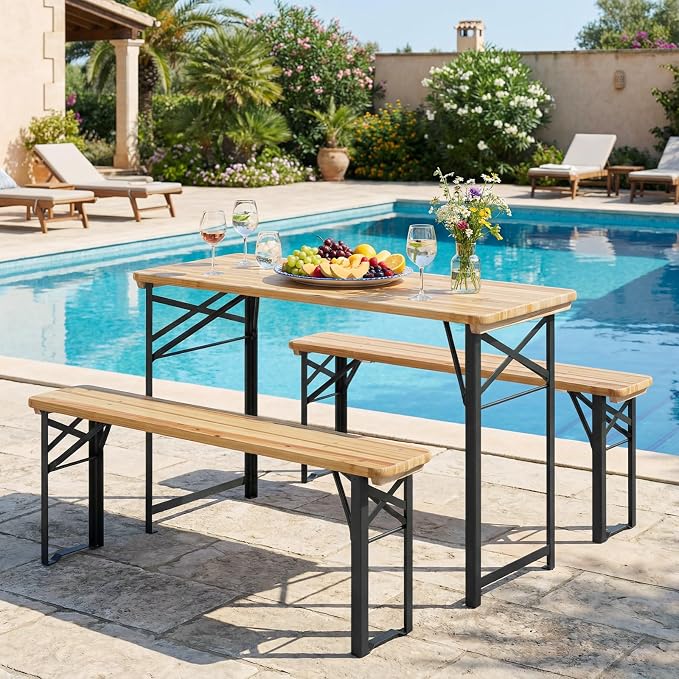 GIANTEX 47 Inch Folding Picnic Tables with Benches Set, Solid Wood Camping Beer Table Bench Set with Metal Frame, 3-Piece Portable Patio Dining Furniture, Indoor & Outdoor Folding Table and Chairs