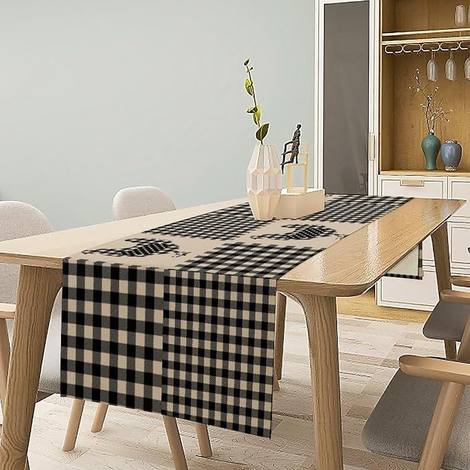 Farm Animal Chicken Hen Black White Buffalo Plaid Check Table Runner, Farmhouse Chick Table Decoration Home Kitchen Dining Indoor Holiday Farmhouse Decor 13x90 Inch
