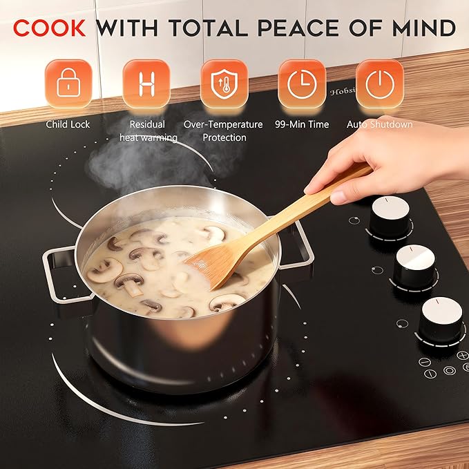 Electric Cooktop 30 Inch Hobsir, 4 Burner Electric Stove Top 6700W, Dual-Ring Burner & Oval Burner, 9 Power Level, 30 Inch Cook top with Safety Lock, Timer, White Knob