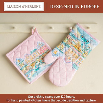 Maison d' Hermine 100% Cotton Oven Mitt & Pot Holder Set (7.5"x13" & 8"x8") | Heat Resistant BBQ Cooking Gloves with Loop Baking Kitchen Home Farmhouse Thanksgiving Christmas - Christmas Market - Pink