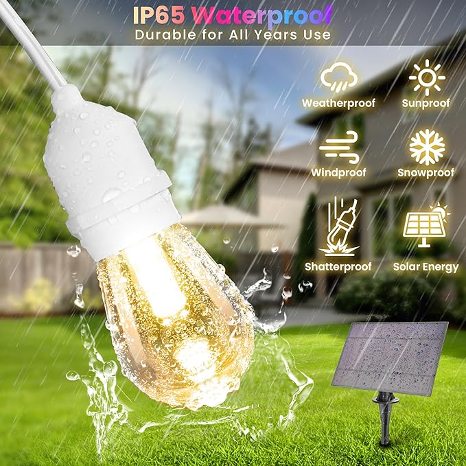Larkvue 100FT(2x50FT) RGB Solar Outdoor String Lights with Remote, Dimmable Waterproof Patio Lights with 30 Bulbs for Porch Garden Bistro-White Cord