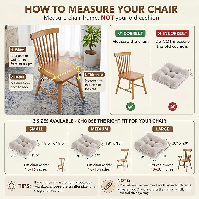BETU Chair Cushions for Dining Chairs,3.5" Thick Kitchen Table Chair Pads with Ties,Non Slip Backing and Covers,Seat Cushion for Dining Room,Bar,Patio Chairs,18"X18"X3.5"