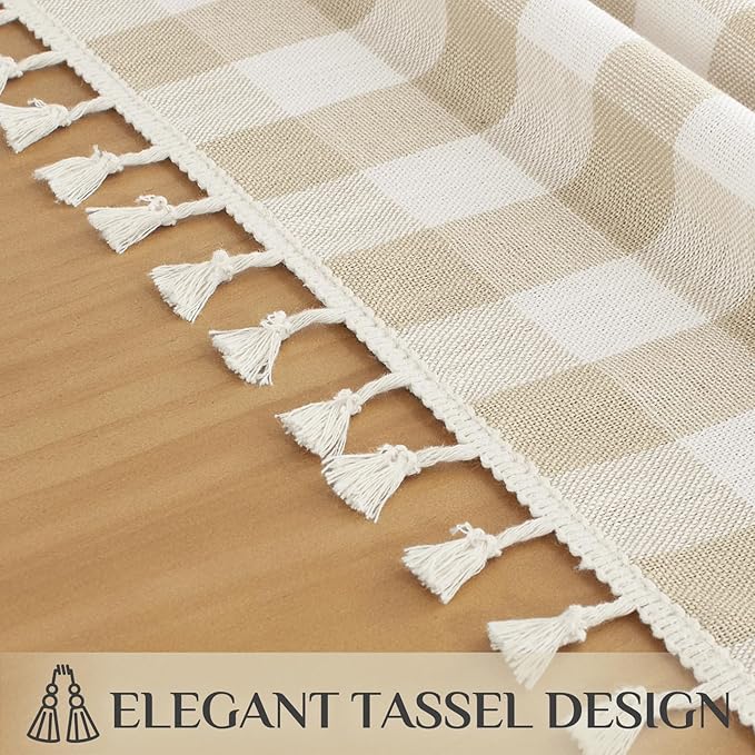 Softalker Checkered Tablecloth Rectangle, Outdoor Linen Cotton Gingham Table Cloth with Tassel, Heavy Duty Wrinkle Free Buffalo Plaid Table Cover for Kitchen Dining Summer Party - 55 x 102 Inch, Beige
