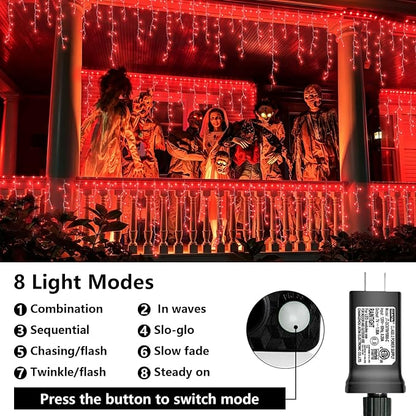 QITONG Red Halloween Lights, 33ft 400 LED Icicle Light for Outside with 8 Modes, Clear Wire Connectable Christmas String Lights Indoor Outdoor Plug in