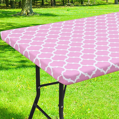 Smiry Picnic Fitted Table Cover, 6 Foot Flannel Backed Vinyl Tablecloth | Waterproof Elastic Stretch Table Cloth, Wipeable Plastic Tablecloth for Camping, Indoor & Outdoor (Pink, 30" x 72")