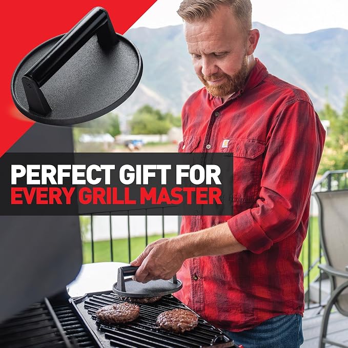Smash Burger Press Kit - 7'' Flat Bottom Round Premium Cast Iron Press with 35 Pcs Patty Paper,12 Inch Heavy Duty Round Basting Cover Melting Dome. Perfect for Hamburger, Bacon, Meat, Sandwich