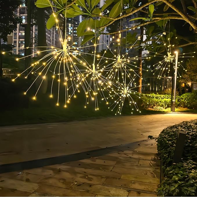 GTSYDING 5 Pack Solar Firework Lights, 450 LED 8 Modes Dimmable Waterproof Hanging DIY Starburst Fairy Lights with Remote Timer for Garden Indoor Outdoor Decoration (Warm White, 450)